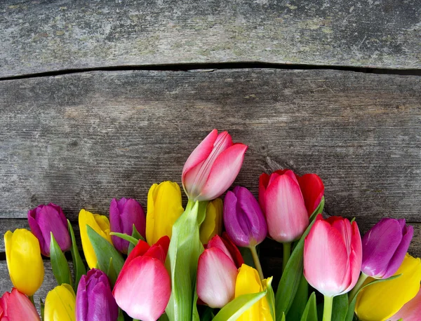 Tulipas Coloridas Superfície Madeira — Fotografia de Stock