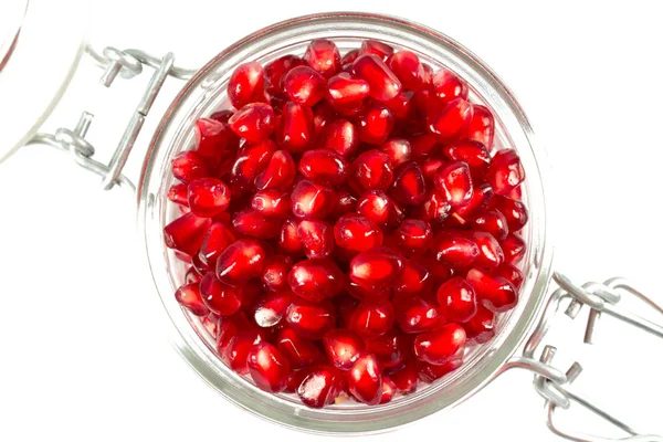 Pomegranate Seeds Glass Jar Isolated White — Stock Photo, Image