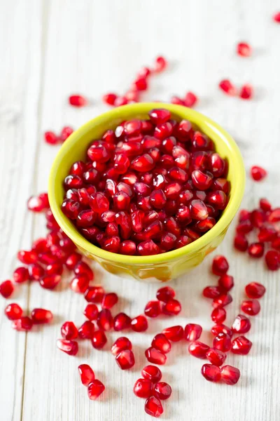 Pomegranate Seeds Bowl Wooden Surface — Stock Photo, Image