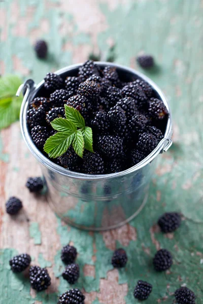 Fresh Ripe Blackberries Bucket — Stock Photo, Image