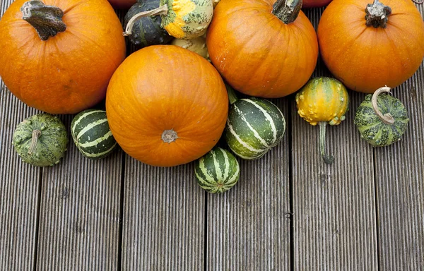 Abóboras Coloridas Superfície Madeira — Fotografia de Stock