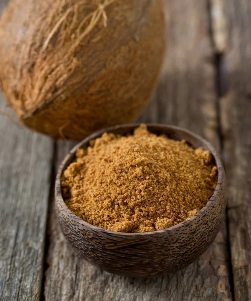 Kokosový Cukr Bio Dřevěný Povrch — Stock fotografie