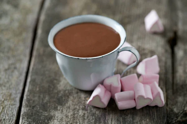 Hot Chocolate Heart Shaped Marshmallow Wooden Table — Stock Photo, Image