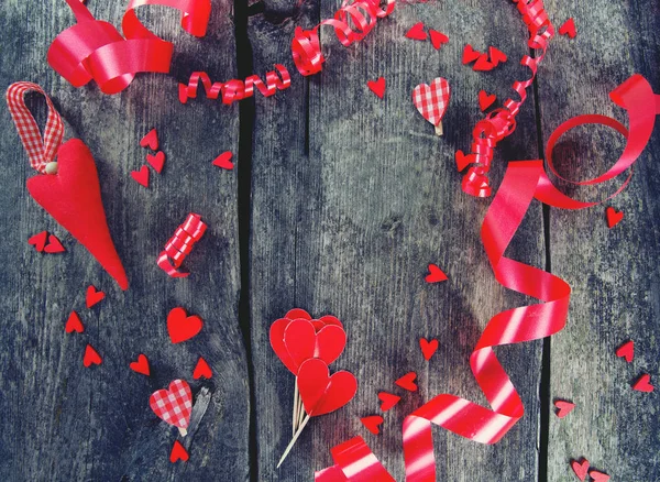 Hearts Ribbons Wooden Surface — Stock Photo, Image