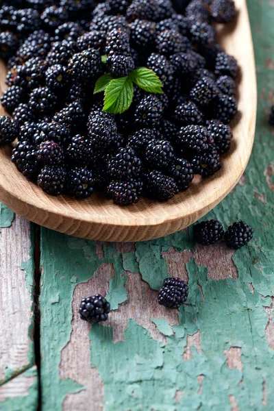 Fresh Ripe Blackberries Wooden Table — Stock Photo, Image