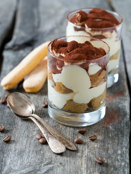 Tiramisu Glass Wooden Surface — Stock Photo, Image