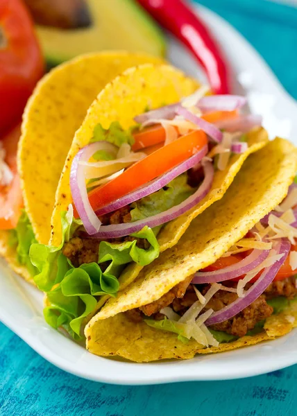Plate Tacos Nachos Tomato Dip — Stock Photo, Image