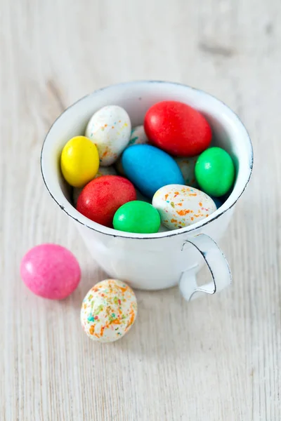 Easter Candy Eggs White Wooden Surfae — Stock Photo, Image