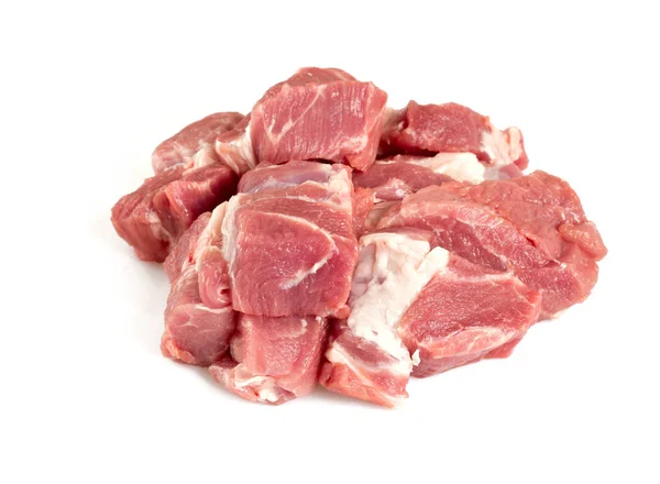 Rauw Varkensvlees Van Nek Stukjes Geïsoleerd Wit Gesneden — Stockfoto