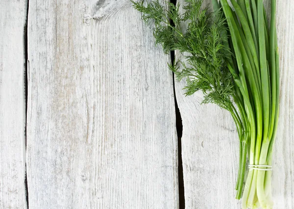 Spring Onion Fresh Dill Wooden Surface — Stock Photo, Image