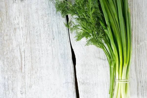 Spring Onion Fresh Dill Wooden Surface — Stock Photo, Image