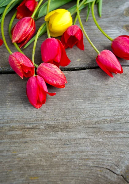 Kolorowe Tulipany Powierzchni Drewnianych — Zdjęcie stockowe