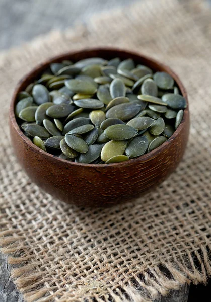 Pumpkin Seeds Bowl Wooden Surface — Stock Photo, Image