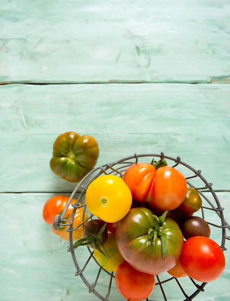 Colorful Organic Tomatoes Wooden Surface — Stock Photo, Image