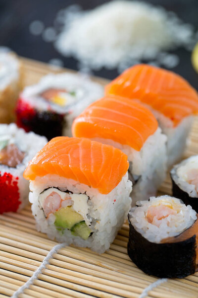 Appetizing sushi rolls, close up 