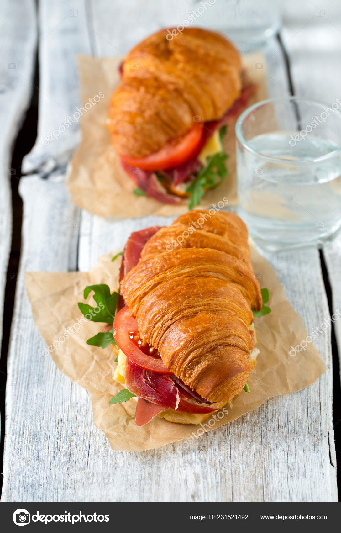 Croissants Argugula Jamon Cheese Tomato Wooden Surface — Stock Photo © dianazh 231521492