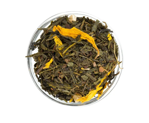 Grüner Tee Einer Glasschüssel Isoliert Auf Weiß — Stockfoto