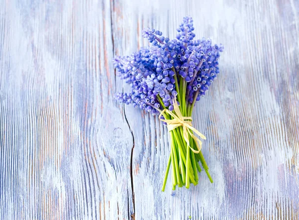 Květy Modré Modřenec Modřenec Dřevěné Pozadí — Stock fotografie