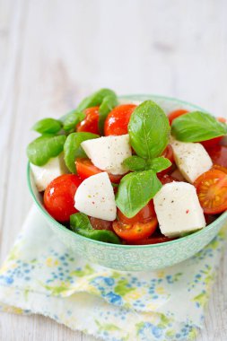 Turkuaz arka plan üzerinde Caprese salatası