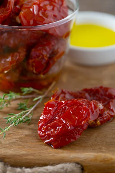 Sun Dried Tomatoes Wooden Surface — Stock Photo, Image