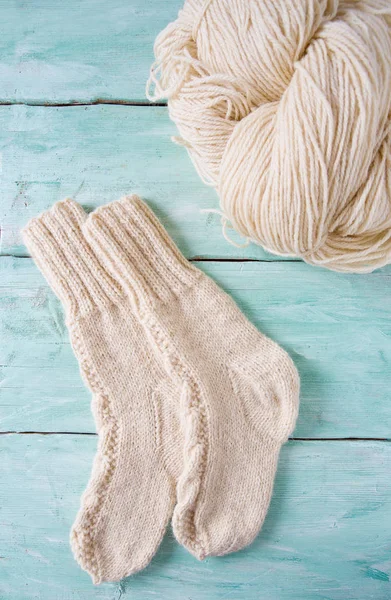 Knitted Socks Yarn Wooden Surface — Stock Photo, Image