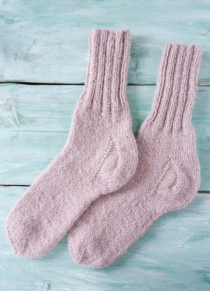 Knitted Grey Socks Wooden Surface — Stock Photo, Image