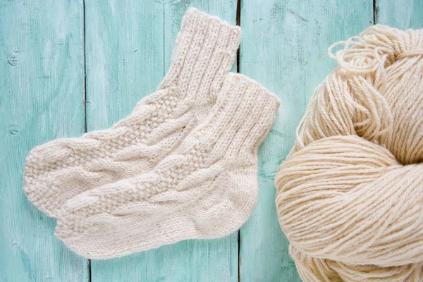 Knitted Socks Yarn Wooden Surface — Stock Photo, Image