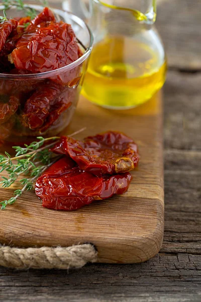 Sun Dried Tomatoes Wooden Surface — Stock Photo, Image