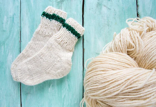 Knitted Socks Yarn Wooden Surface — Stock Photo, Image