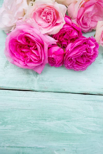 Piękne Róże Ogrodowe Turkusowej Drewnianej Powierzchni — Zdjęcie stockowe