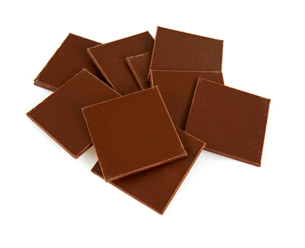 Morceaux Minces Chocolat Isolés Sur Blanc — Photo
