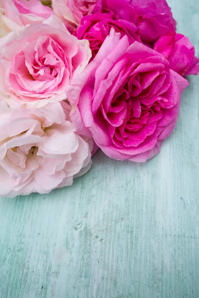 Красиві Садові Троянди Бірюзовій Дерев Яній Поверхні — стокове фото