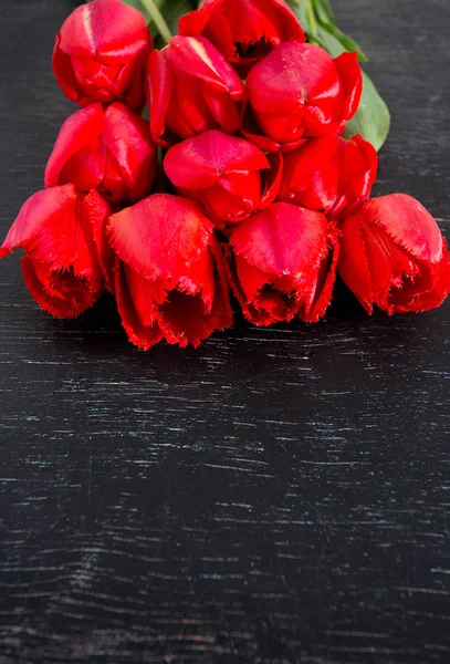 Red Tulips Dark Wooden Surface — Stock Photo, Image