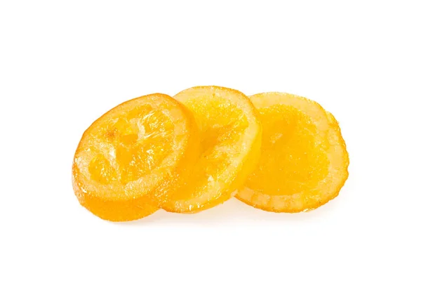 Sušené Plátky Pomeranče Cukrem Izolované Bílém — Stock fotografie
