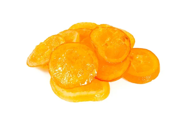 Gedroogde Stukjes Sinaasappel Met Suiker Geïsoleerd Witte Achtergrond — Stockfoto