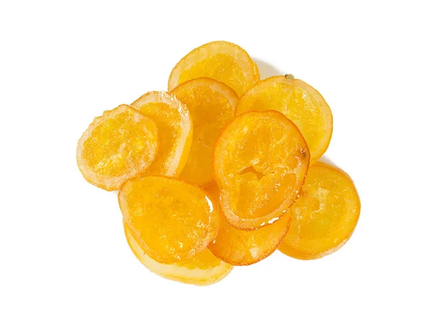 Сушеные Оранжевые Ломтики Сахаром Белом Фоне — стоковое фото