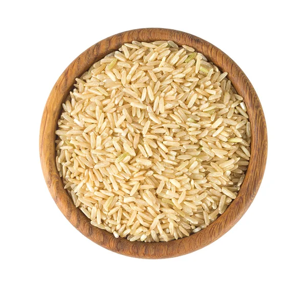 Hnědá Rýže Dřevěné Míse Izolované Bílém Pozadí — Stock fotografie