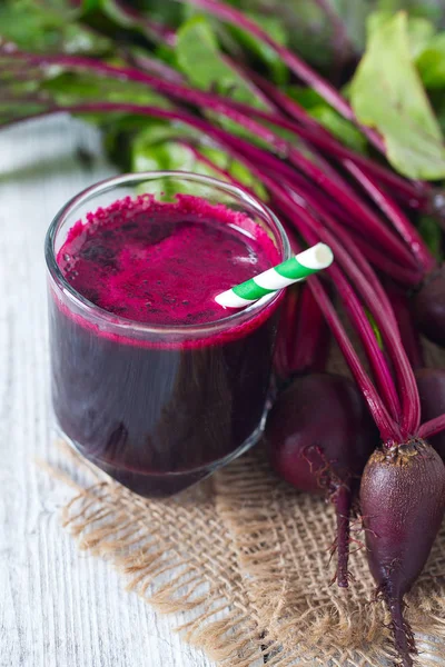 Glass Fresh Healthy Beetroot Juice Wooden Surface — Stock Photo, Image