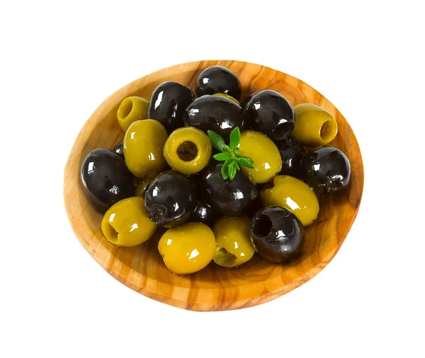 Olive Nere Verdi Ciotola Legno — Foto Stock