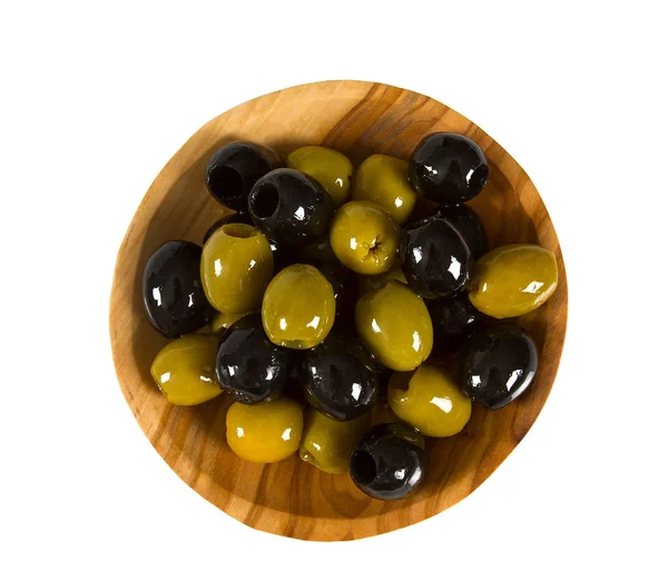 Olive Nere Verdi Ciotola Legno — Foto Stock