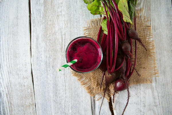 Vaso Jugo Remolacha Fresco Saludable Superficie Madera — Foto de Stock