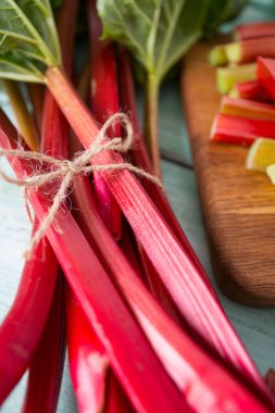 Turkuaz ahşap yüzeyde bir parça ravent.