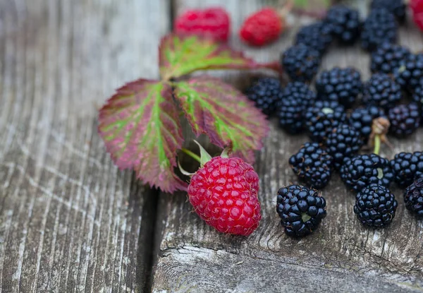 Framboises Mûres Fraîches Sur Surface Bois Eustique — Photo