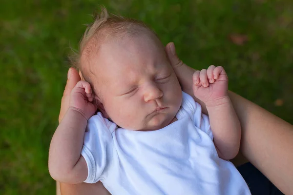 Newborn Baby Sleeping Her Mnother Hands Outdoor — Stock Photo, Image