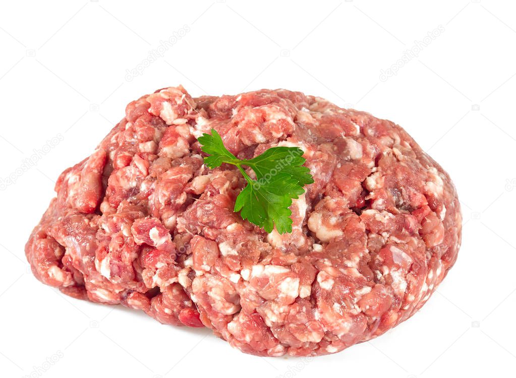 close-up view of fresh raw minced meat isolated on white background