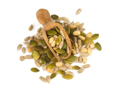 yakından görmek sağlıklı tohum karışımı izole üzerinde beyaz arka plan