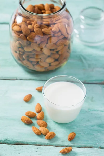 Glass Almond Milk Wooden Surface — Stock Photo, Image
