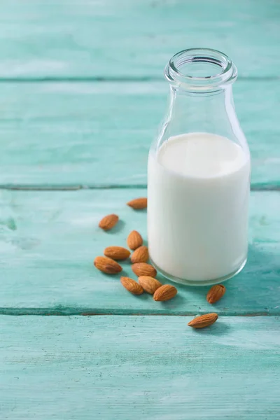 Bottle Healthy Almond Milk Wooden Surface — Stock Photo, Image