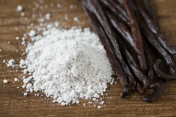 Vanilla Beans Aromatic Sugar Dark Wooden Surface — Stock Photo, Image