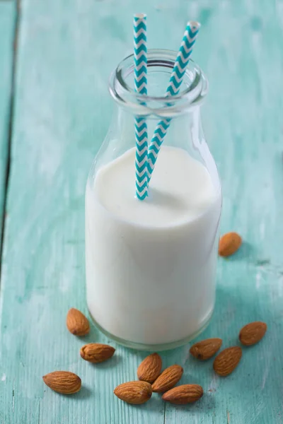 Bottle Healthy Almond Milk Wooden Surface — Stock Photo, Image